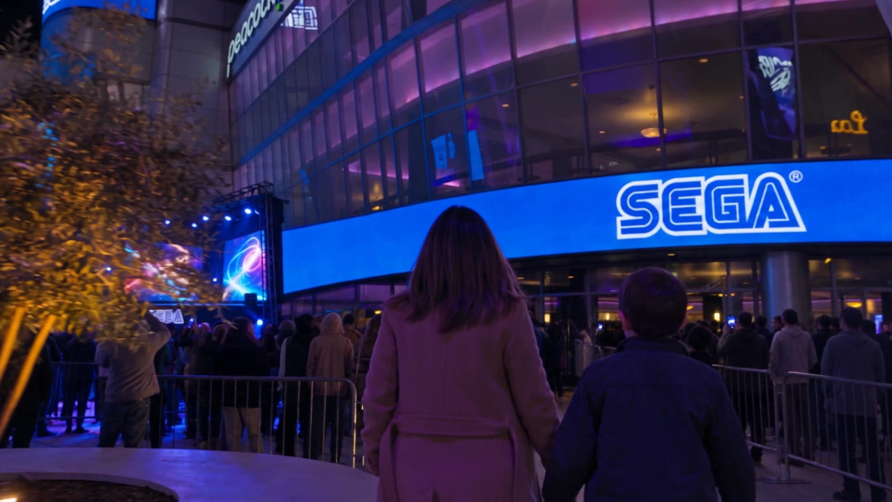 The boy and his mother come along the plaza toward the stage