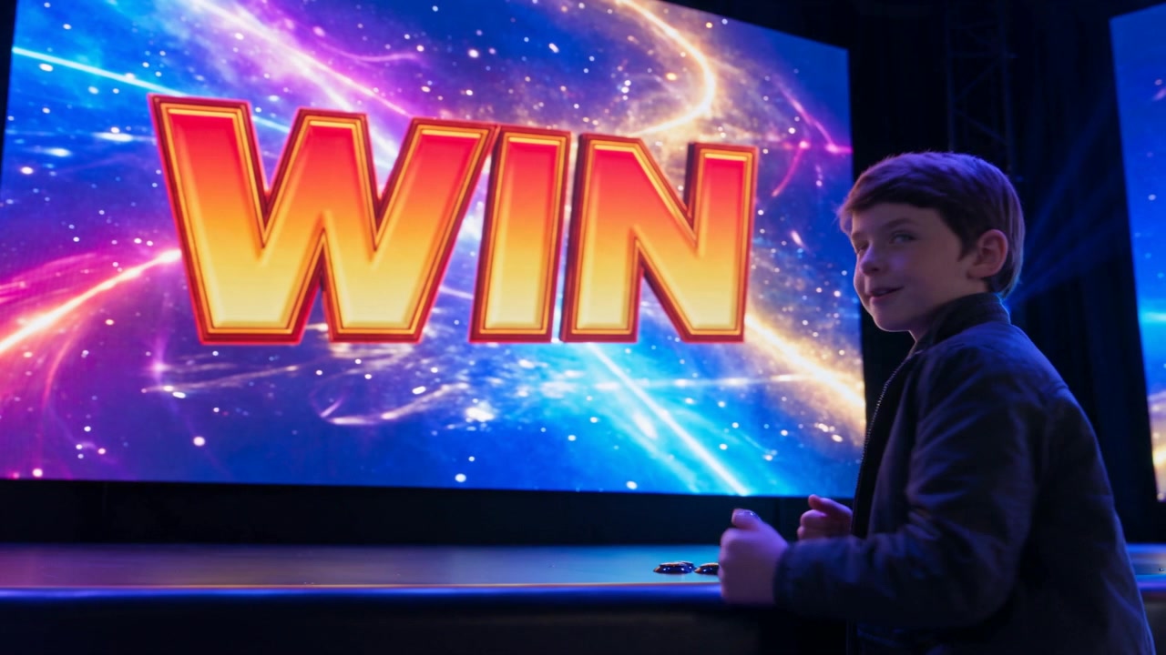 The stage screens show his win to the crowd